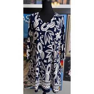 Mod Navy White Geometric V-Neck 3/4 Sleeve Tunic Nautical Dress L-XL Coastal